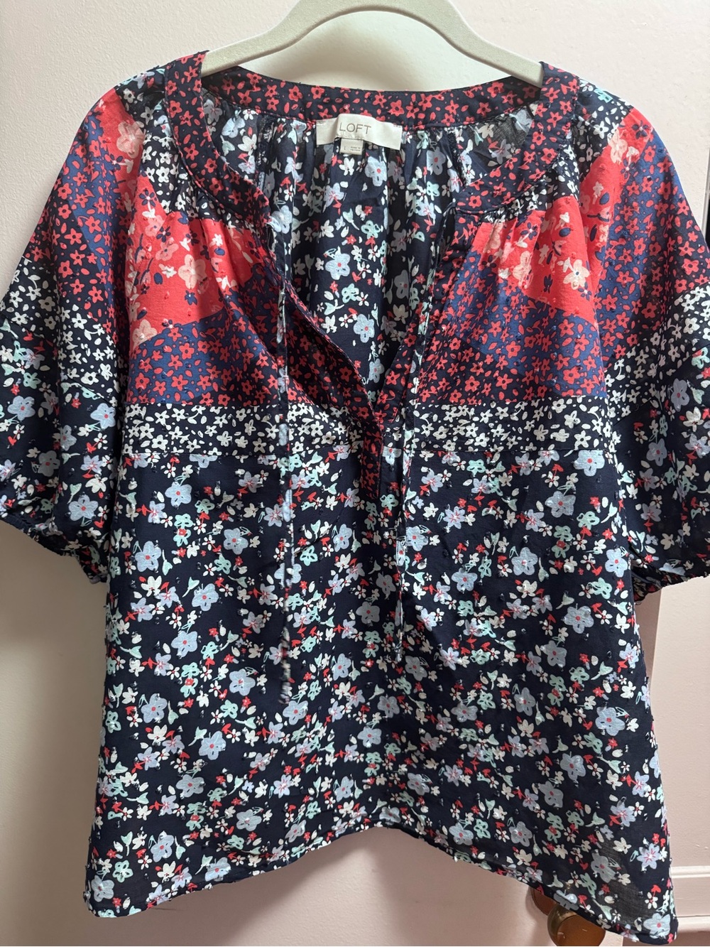 LOFT Navy Floral Short Sleeve Peasant Top with Red Accents